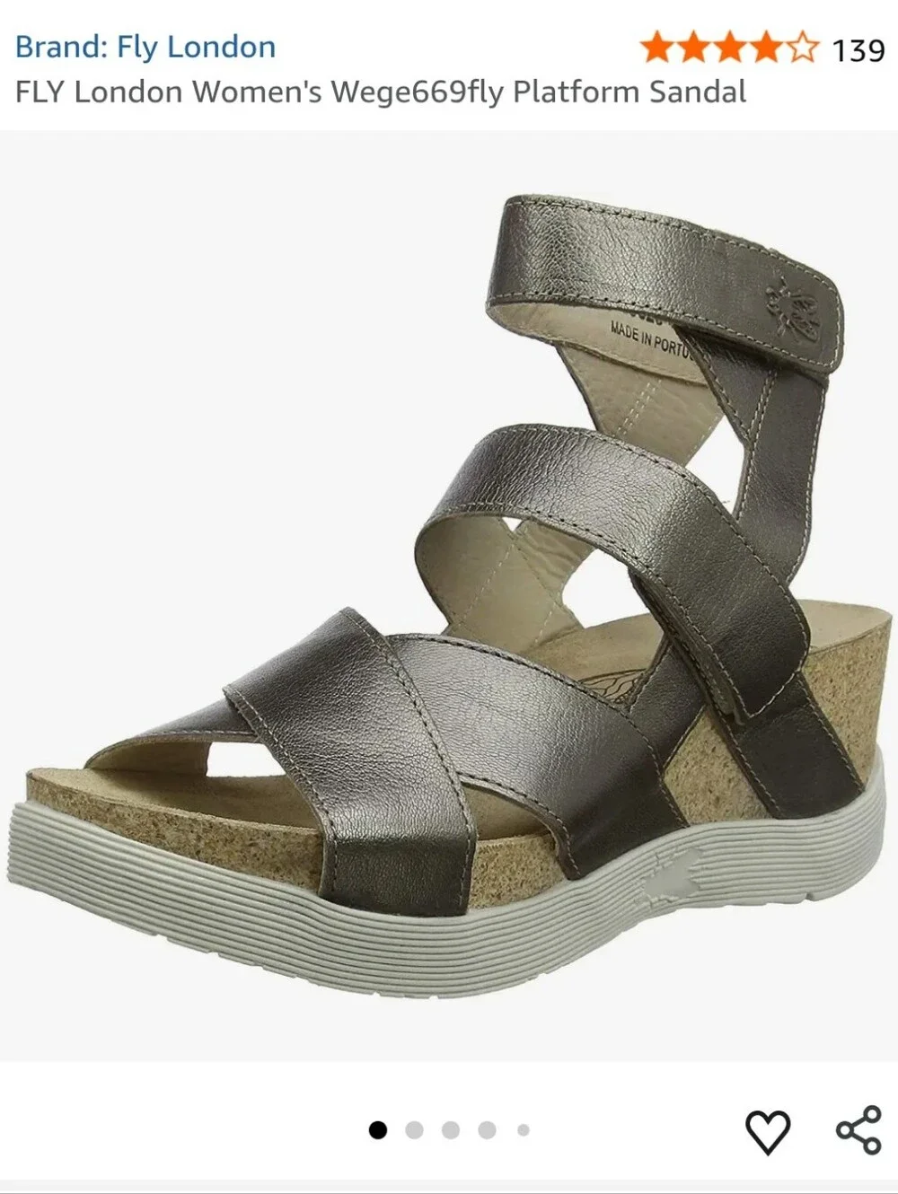 Fly London Women's Soft Leather Metallic Pewter Wedge Platform Sandal Sz. 9